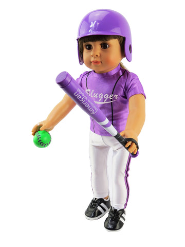 American Fashion World Purple Baseball Outfit for 18-Inch Dolls | Shoes and Accessories Included | Dolls Clothes | Fashions for Dolls for Popular