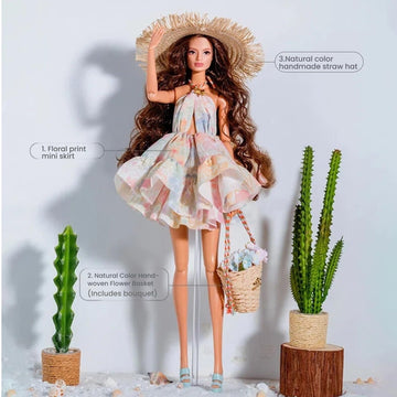 Fashion Doll Outfit Set, Floral Print Halter Mini Dress with Straw Hat and Woven Basket, Summer Beach Style, for 11.5-12" Dolls or 1/6 Scale Super