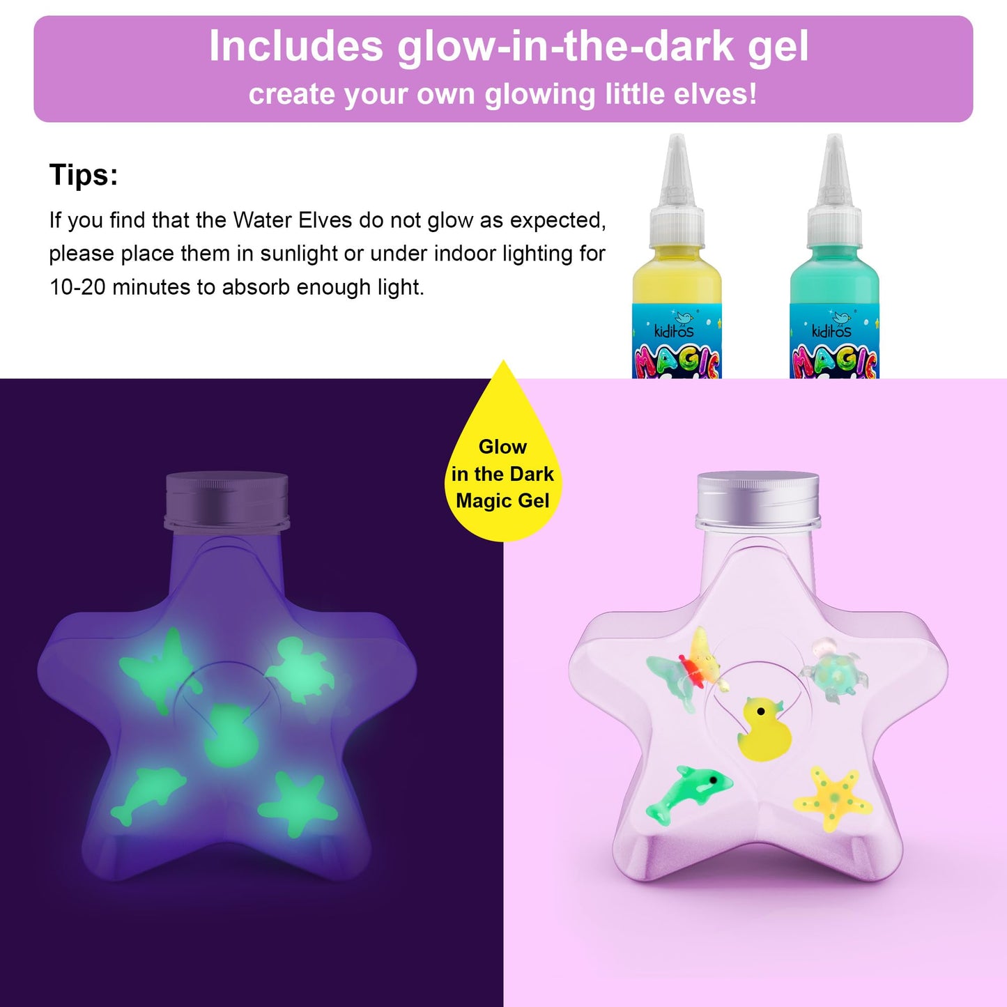 Kiditos Magic Water Elf Toy Squishy Making Kit - Glow-in-the-Dark, Color-Changing & 3 Glitter Powder - 12 Gels, 10 Molds, Jar with Lid - DIY Water