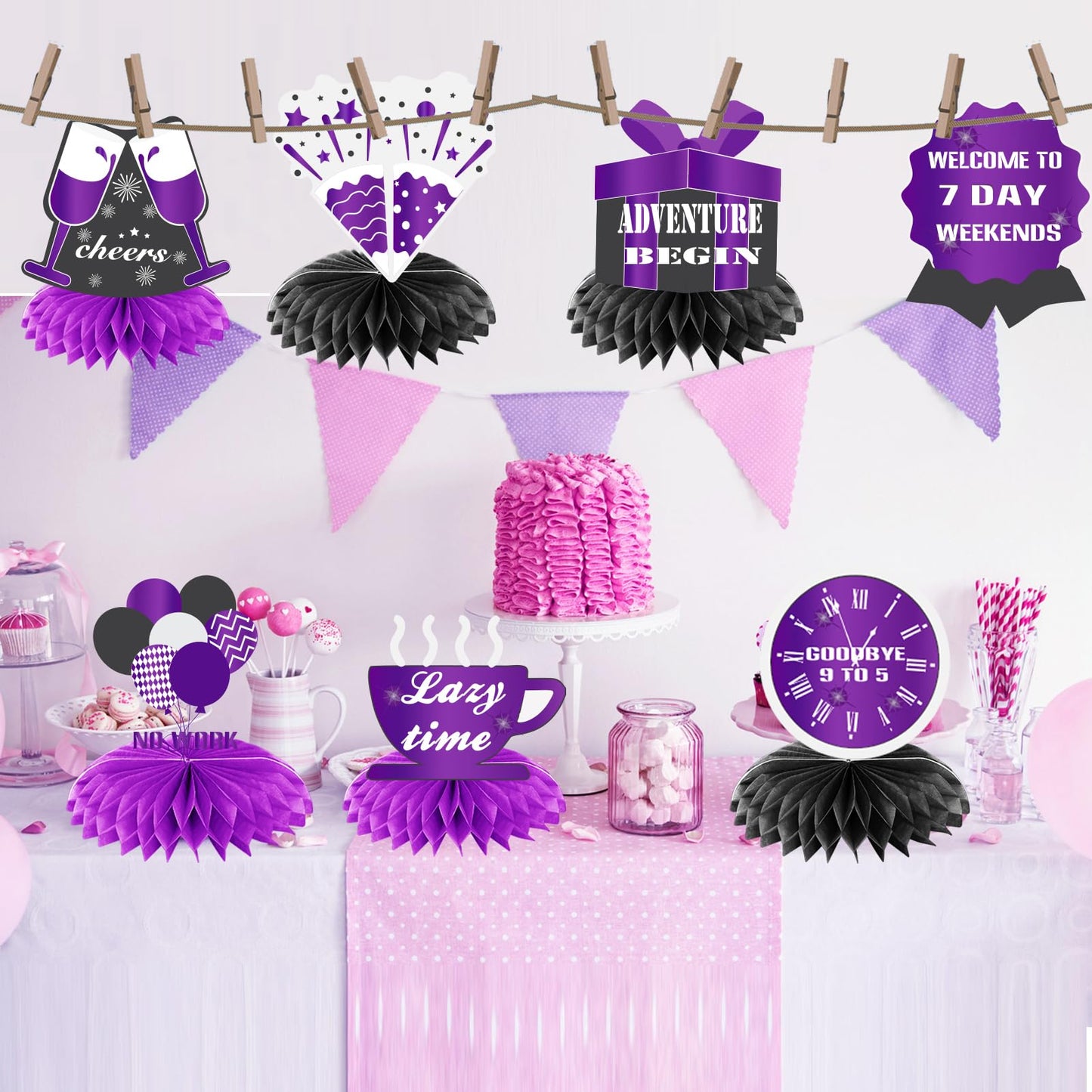 WINPOGEE 9Pcs Purple Black Happy Retirement Decorations Table Honeycomb Centerpieces Party Supplies Adventure Awaits Sign for Men Retired Decor