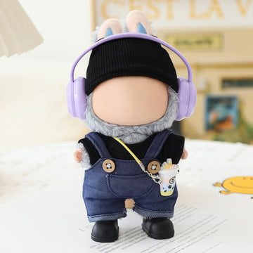 Clothes for Lu bubu 17cm Dolls(No Doll) Accessories, Stylish Kawaii Overalls Outfit Headphones Set 5 Pieces Suitable for 17cm Dolls , Doll Hat Headset
