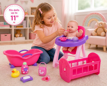 JC Toys Deluxe Doll Accessory Bundle | High Chair, Crib, Bath and Extra Accessories for Dolls up to 11" | Fits 11" La Baby & Other Similar Sized