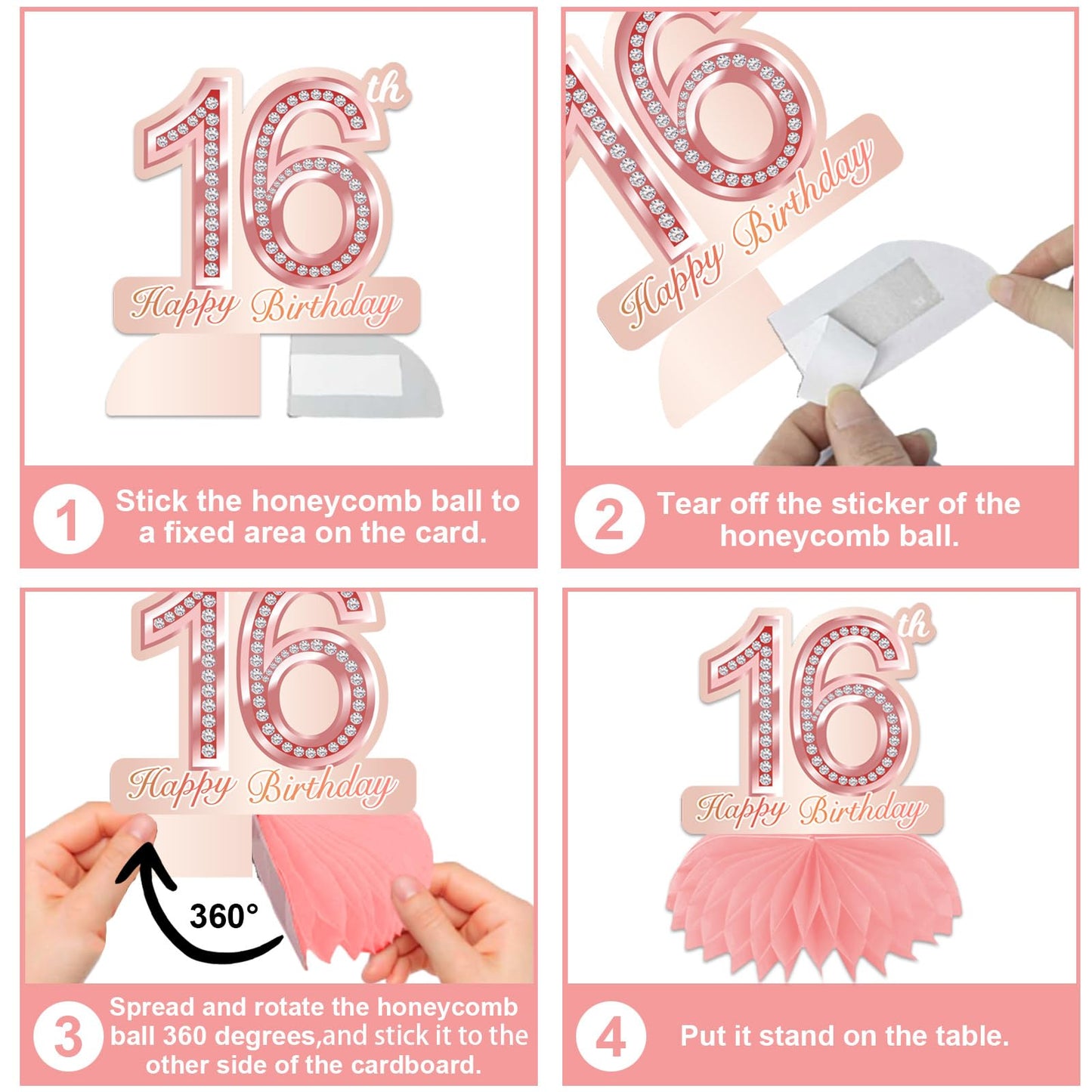 Happy 16th Birthday Rose Gold Table Honeycomb Centerpieces Balloons Theme Decor Table Decorations Table Toppers for Girls Women Sweet Princess 16