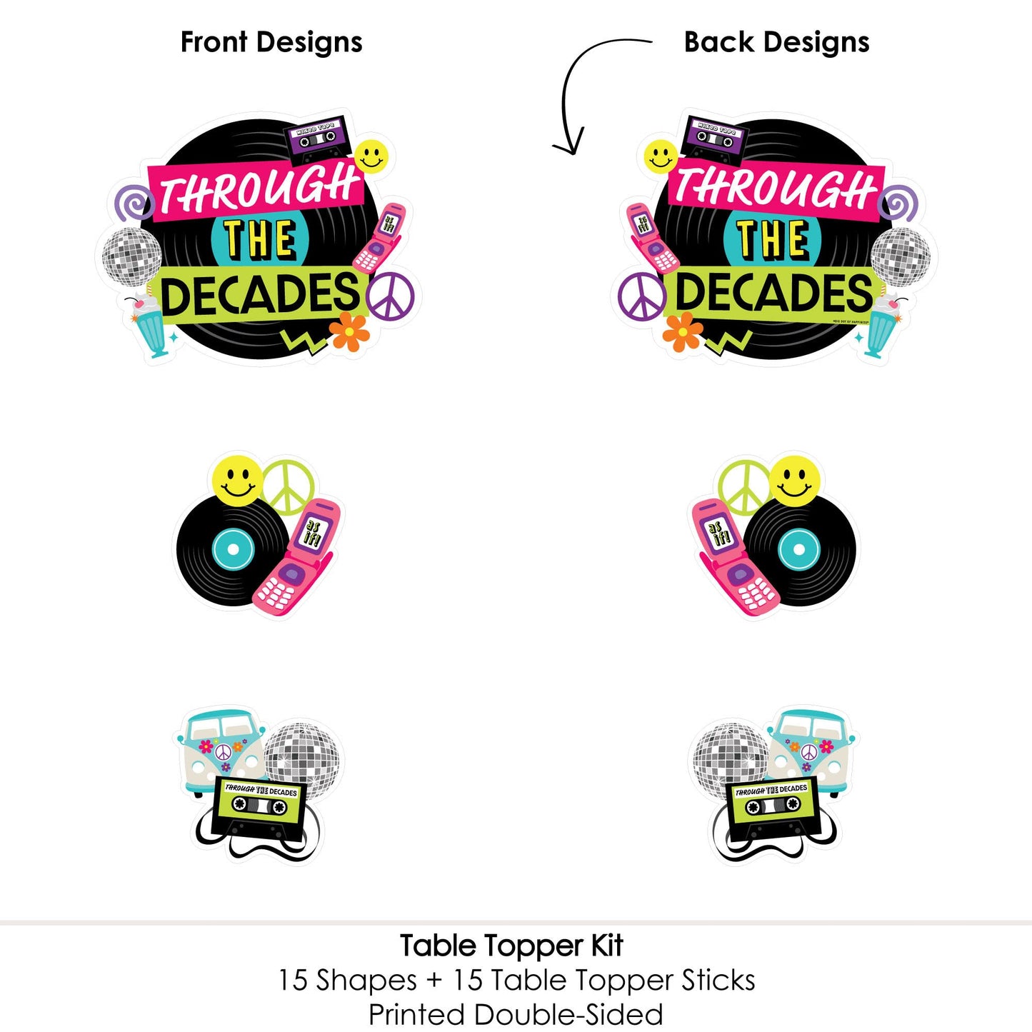 Big Dot of Happiness Through the Decades - 50s, 60s, 70s, 80s, and 90s Party Centerpiece Sticks - Table Toppers - Set of 15