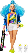Barbie Extra Doll #4, Curvy, in Zippered Bomber Jacket with 2 Pet Kittens, Extra-Curly Blue Hair, Layered Outfit & Accessories Including Skateboard