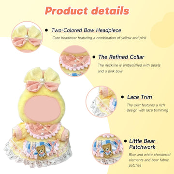 17cm Doll Costume Set(3PCS) - Yellow Pink Pearl Bow, Bear Patch Lace Dress, Pink Bear Shoes?No Doll Included (Style J)