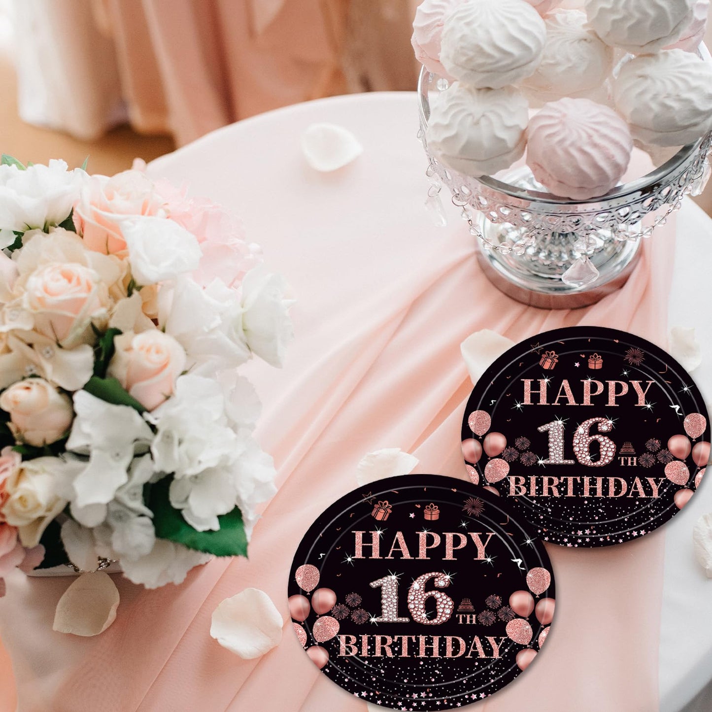 Fitoyplak 50Pcs Sweet 16 Party Decorations,7Inch 16th Birthday Plates,Sweet Sixteen Party Tableware Set Black Rose Gold Sweet 16 Plates?16th Birthday