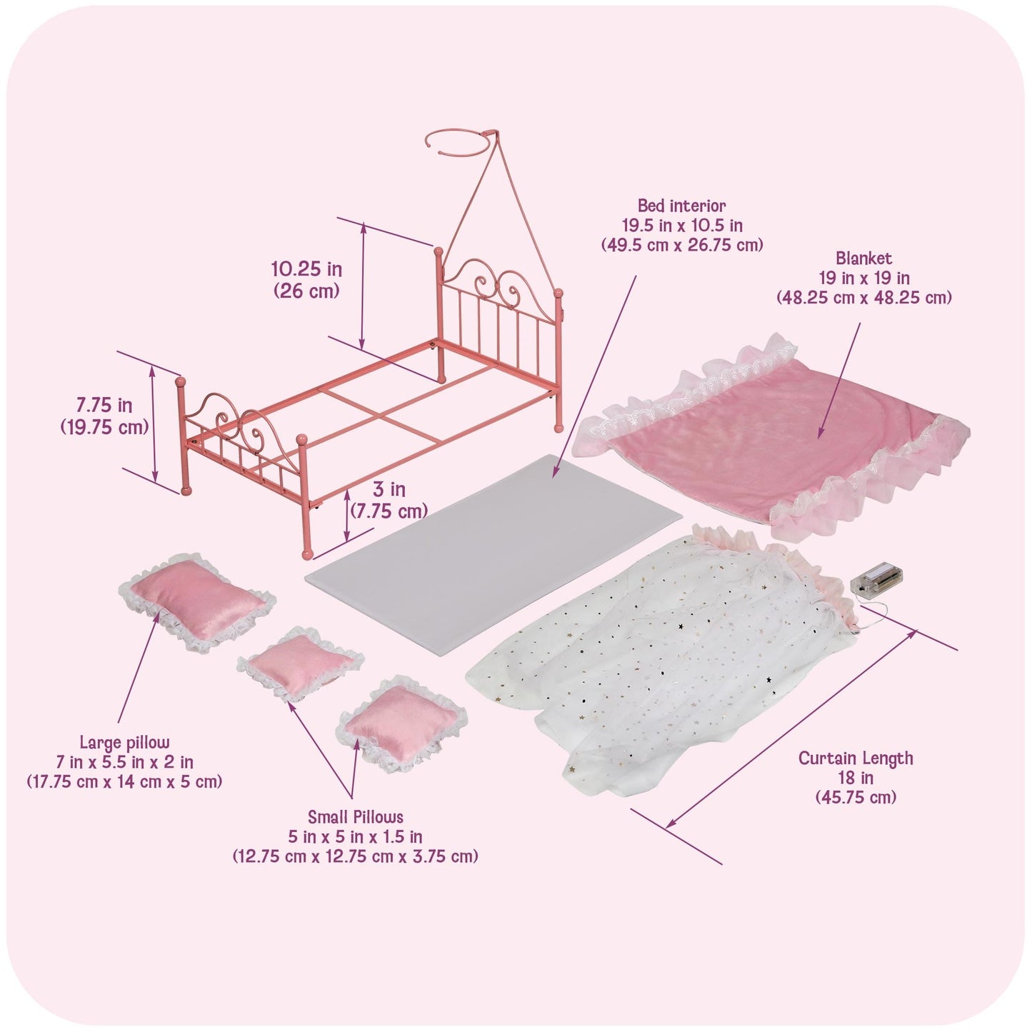 Badger Basket Starlights Metal Doll Bed - LED Canopy Bed Set Fits 18 Inch Dolls - Includes Mesh Drapes Decorative Pillows Reversible Blanket - Pretend