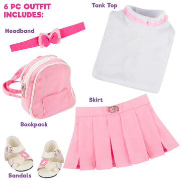 5pc Casual School 18" Doll Outfit w Pink Backpack- Compatible with American Girl- Premium Handmade Pink Preppy Clothes & Accessories Set Includes