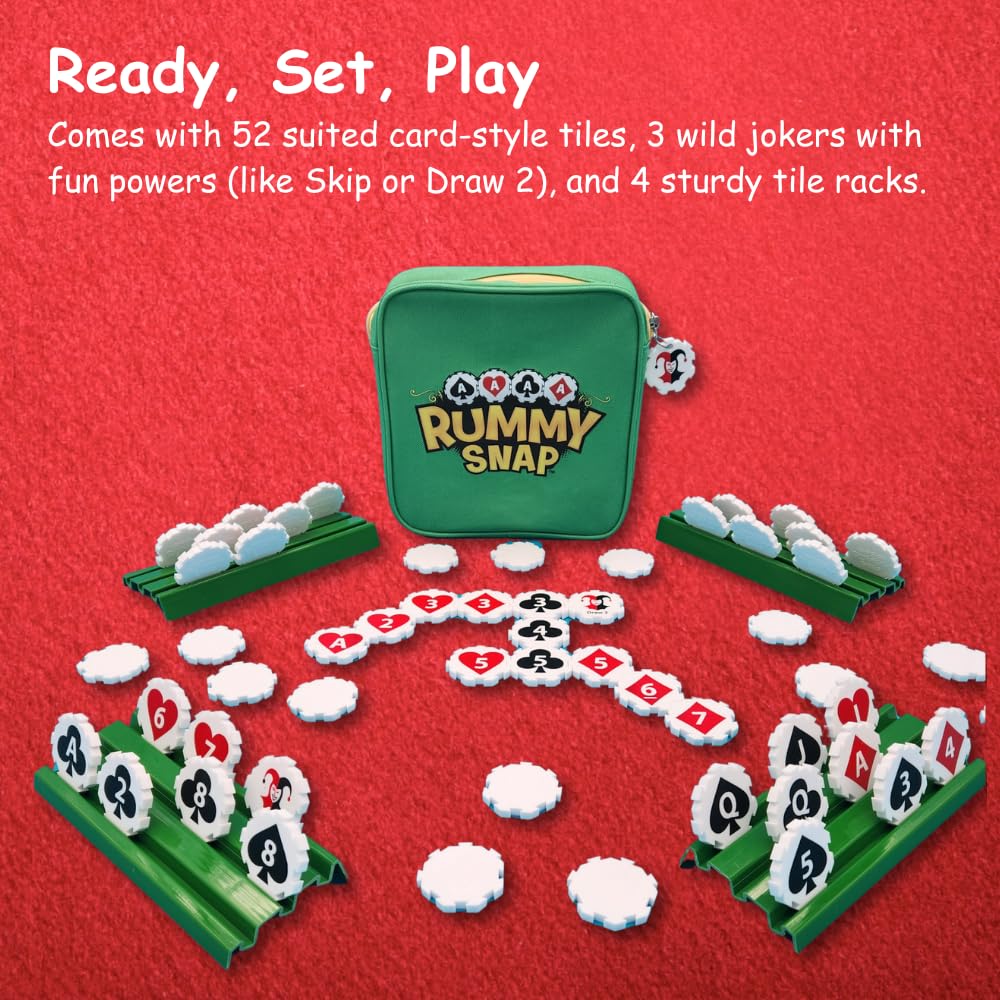 Rummy Strategy Game for Adults, Family, and Kids, Includes Full Size Snap Tiles, Racks, and Storage Travel Bag, Fun for Ages 8+, 2-4 Players