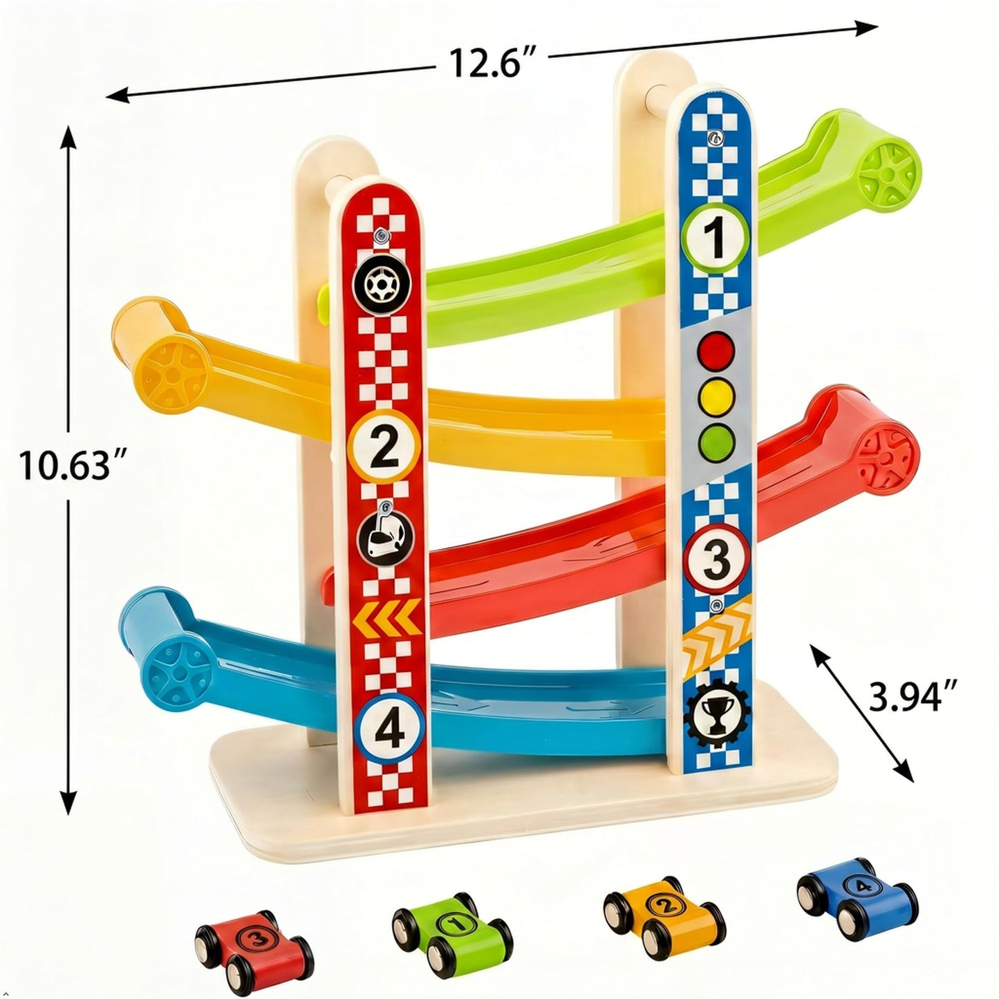 Wooden Car Ramp Race Track for Toddlers 1-3 - Montessori Toys for 1 2 3 Year Old Boy, Toddler Toys for 2 Year Old Boy and Girl, 4 Cars, Fine Motor