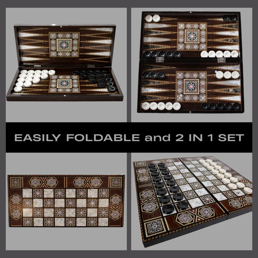 Park&Oz Pearl Premium Turkish Backgammon and Checkers Set 19 Inch Handmade 2 in 1 Wooden Board Game with Glossy Finish Luxury Checkers and Dice Travel