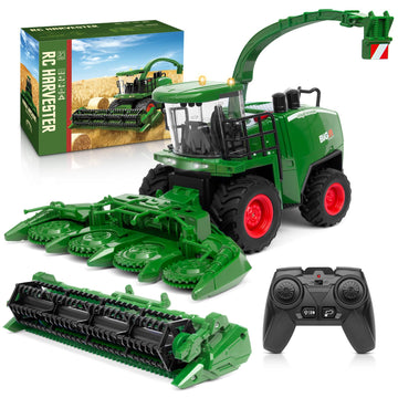 Uarzt Remote Control Combine Harvester Tractor Toy, 1/24 Scale RC Harvester Toys for Kids with 2 Grian Heads/2 Rechargeable Batteries/Light, Farm Toys