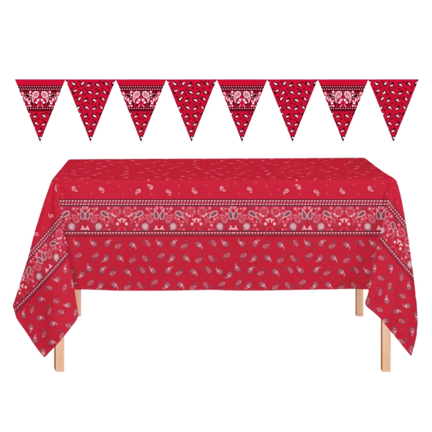 Oojami Cowboy Tablecloth 4 Pack - Western Bandana Plastic Table Cover 54" x 108" with 2 Pennant Banners, Disposable Waterproof Country Tablecloths