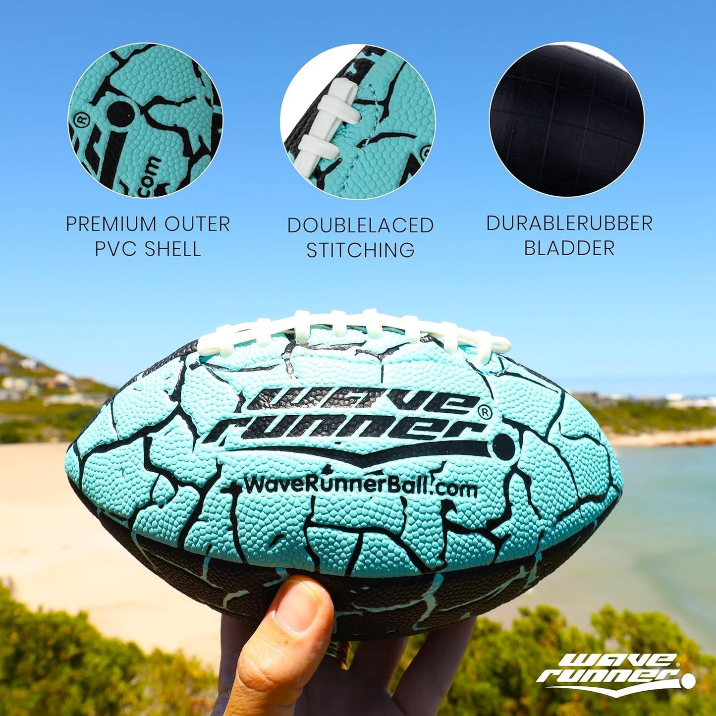 Wave Runner Junior Football, 9.25 Size, Waterproof Double-Laced Ball, for Beach, Pool, Indoor Outdoor Play