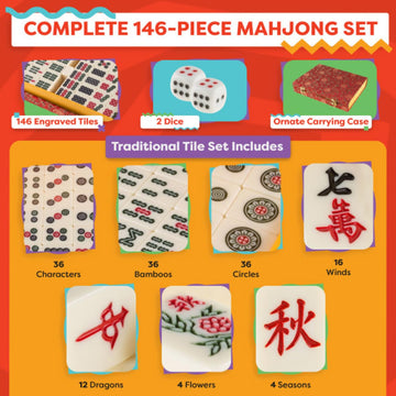 HEY! PLAY! Chinese Mahjong Set with Ornate Storage Case - Traditional Mahjong Tile Game with 146 Engraved Tiles and Two Dice for Adults and Kids