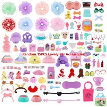 15 Pcs Miniature Pet Figure Accessories Set - Random Dress Clothes Bow Collar Food Drink for lps Shorthair Cat Collie Dachshund Cocker Spaniel