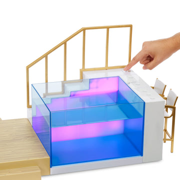 Rainbow High Color Change Playset: 7-in-1 Light-Up Multicolor Changing Pool, Adjustable Umbrella, and Pool Accessories. Fits 7 Fashion Dolls, Toy Gift