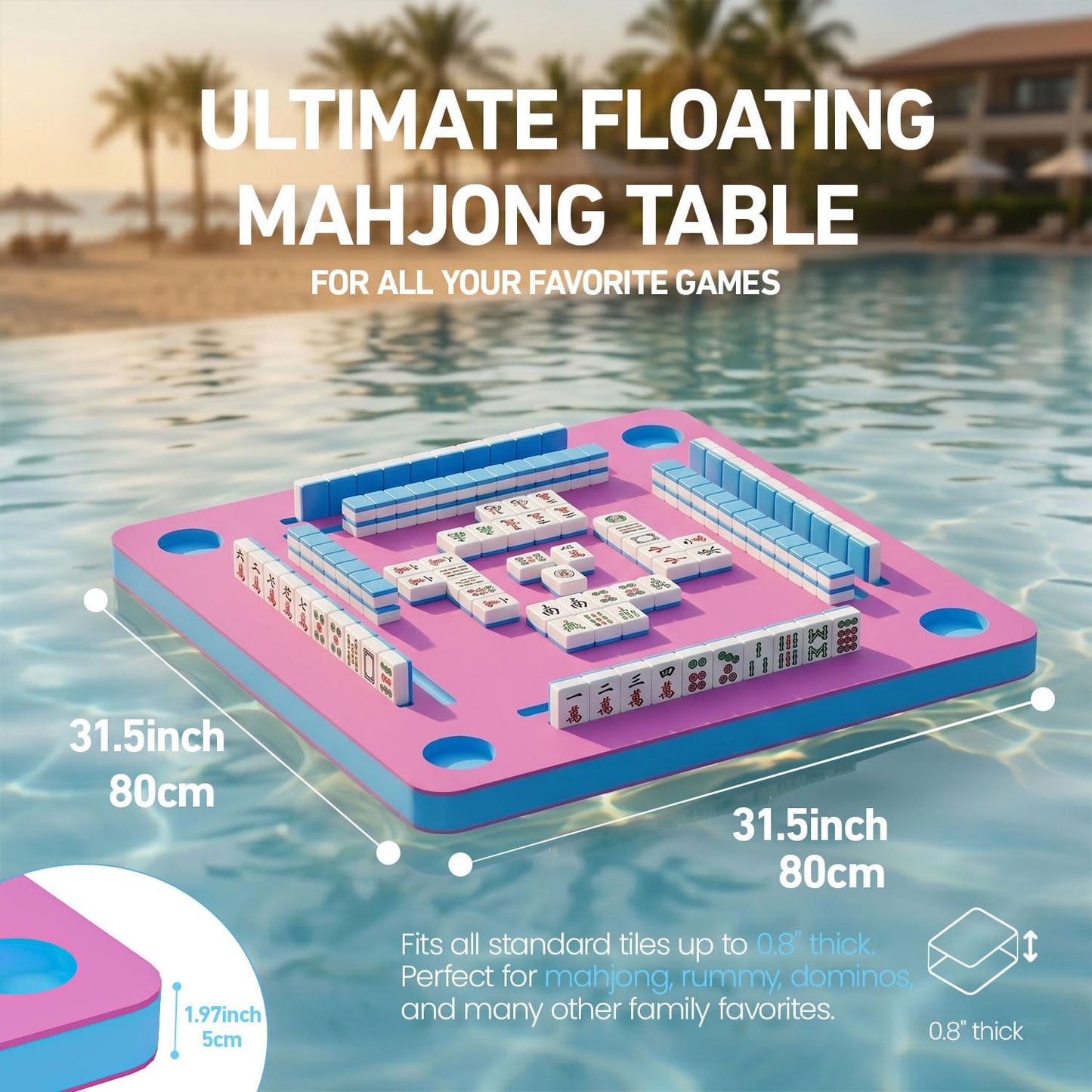 NUWJBYE Floating Mahjong Table for Pool, 32" Large Game Board for Swimming Pool, Hot Tub & Lake - Multi-Use Float Tray for Mahjong, Dominoes, Poker