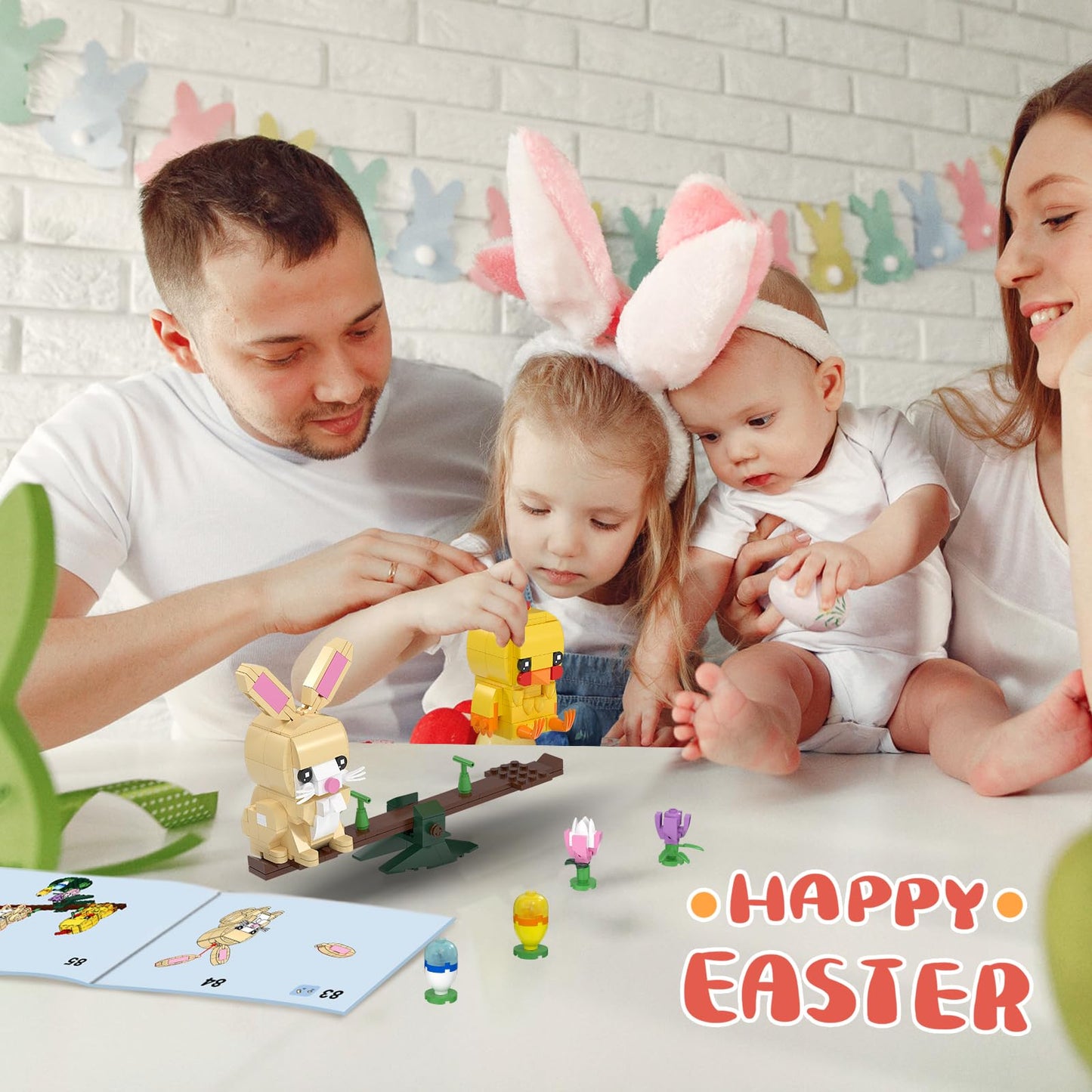 Nubee Easter Bunny and Chick Building Set, Cute Animal Rabbit Chicken Sitting on The See-Saw, Perfect for Easter Basket Toys Gifts for Kids Boys or