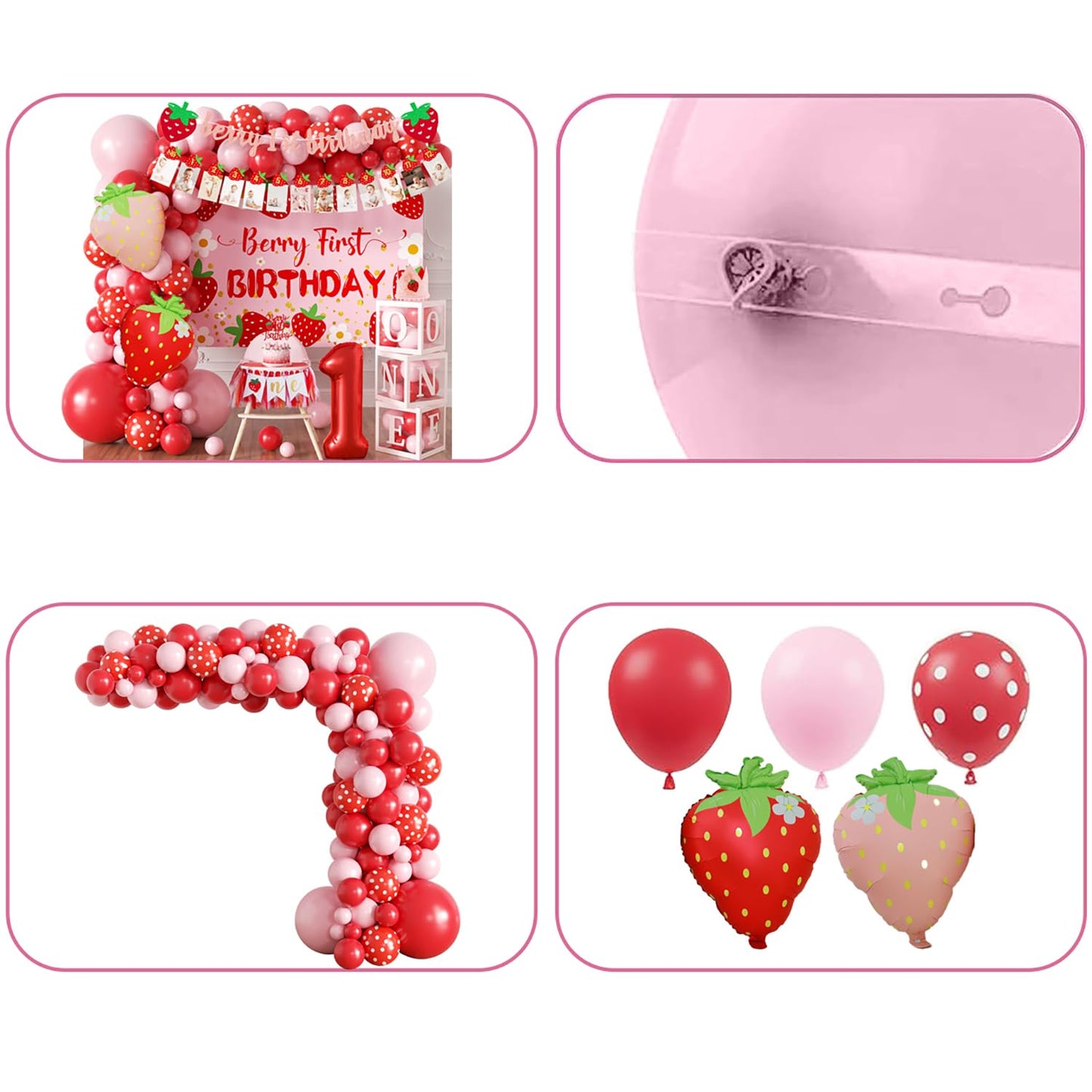 Berry Baby Girl 1st Birthday Decor, Strawberry First Birthday Decorations for Girls with Balloon Arch, Party Backdrop, High Chair Banner, Crown, Photo