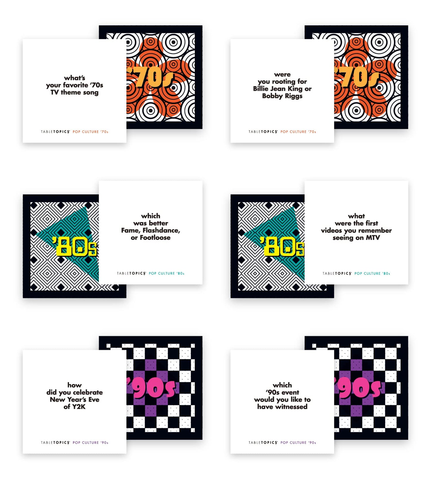 TableTopics Pop Culture Conversation Pack ’70s, ’80s, and ’90s - 120 Conversation Starter Cards, Themed Question Card Game to Play with Adult Friends