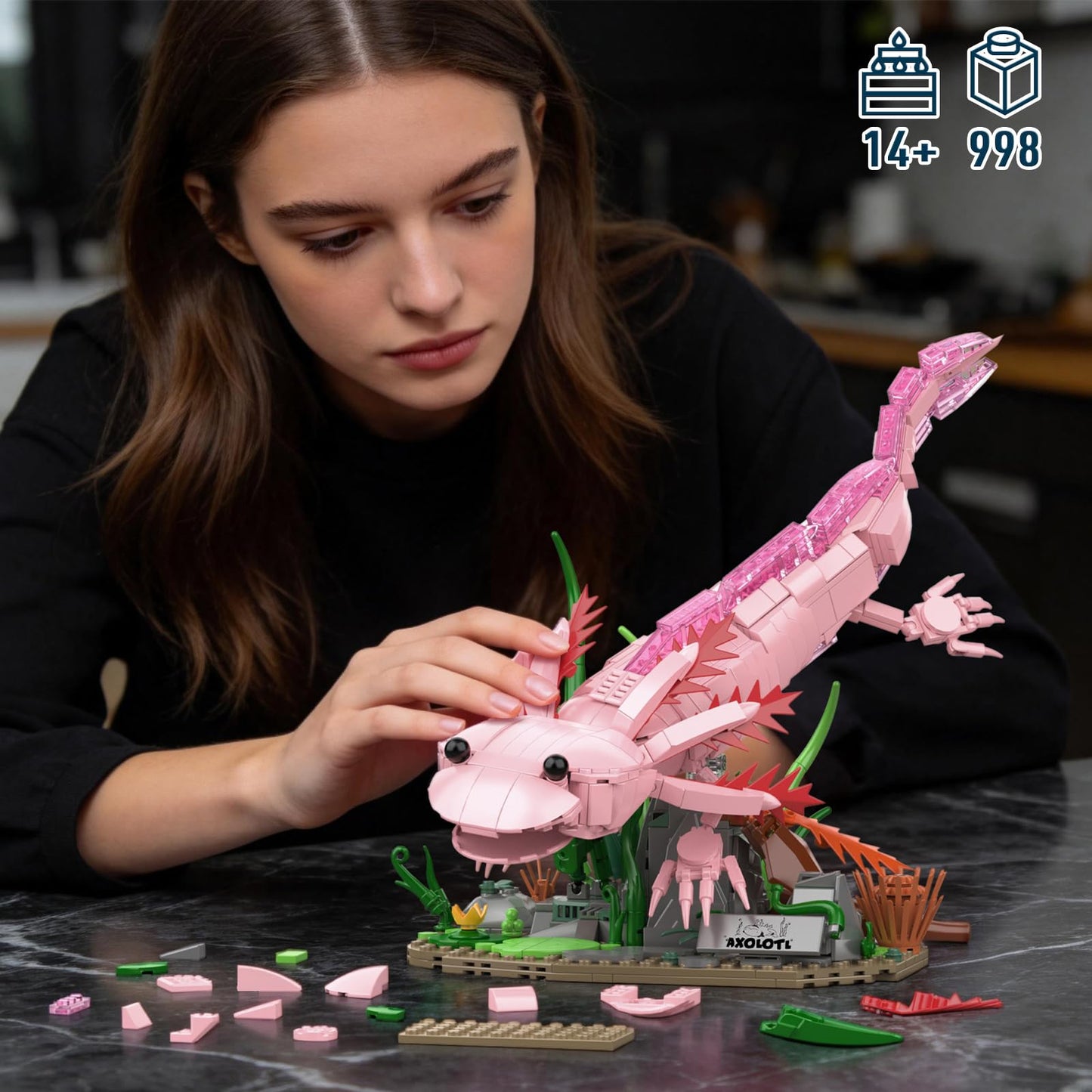 Axolotl Building Set, Compatible with LEGO Animals, Axolotl Toy Building Blocks with Movable Joints & Display Base, Marine Animal Decor Model Kit