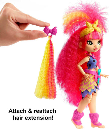 Mattel Cave Club Emberly Doll (8-10-inch, Pink Hair) Poseable Prehistoric Fashion Doll with Dinosaur Pet and Accessories, Gift for 4 Year Olds and Up