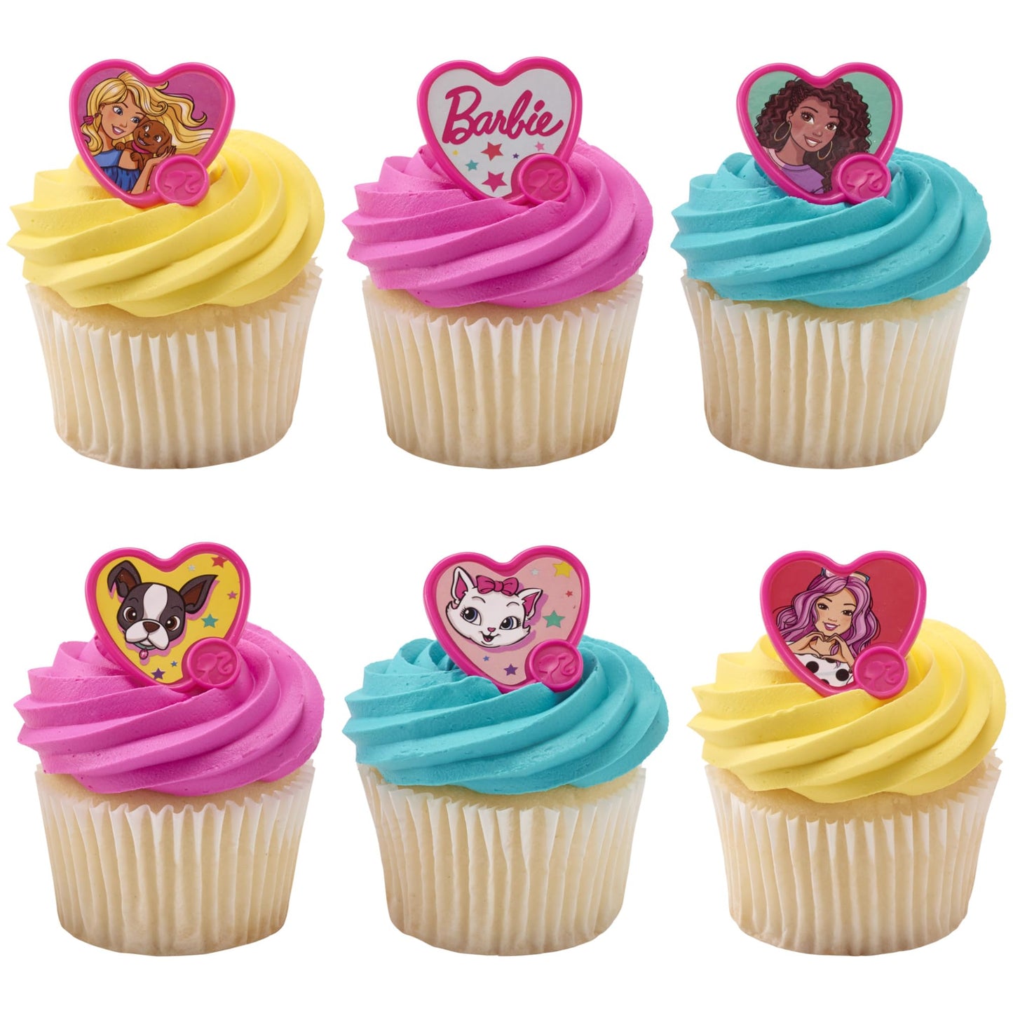 DecoPac Barbie Be The Future Rings, Pink Heart Shaped Cupcake Decorations Featuring Barbie and her Friends For Birthday Party And Celebrations - 24