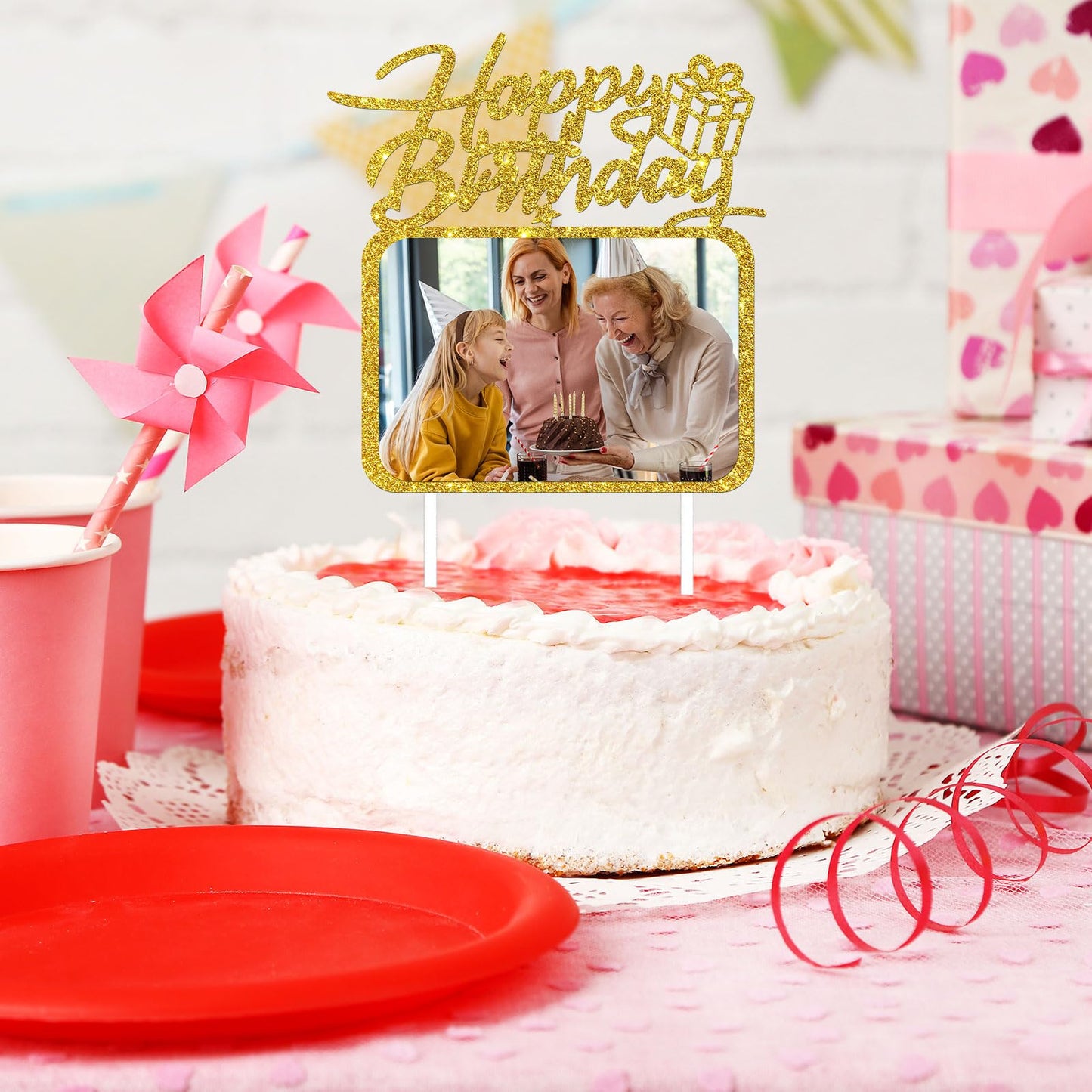 Happy Birthday Cake Topper with Photo Frame, Girl Boy Woman Man Birthday Photo Picture Cake Topper, Anniversary Party Cake Decorations Gold Glitter