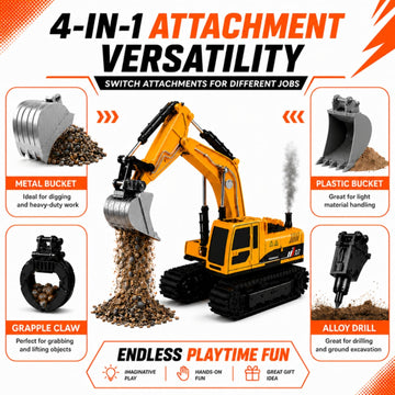 JoyDig Remote Control Excavator Toy, 4-in-1 RC Construction Vehicle with Metal Bucket, Best Birthday Gift RC Truck Digger, 680° Rotation, Smoke Spray
