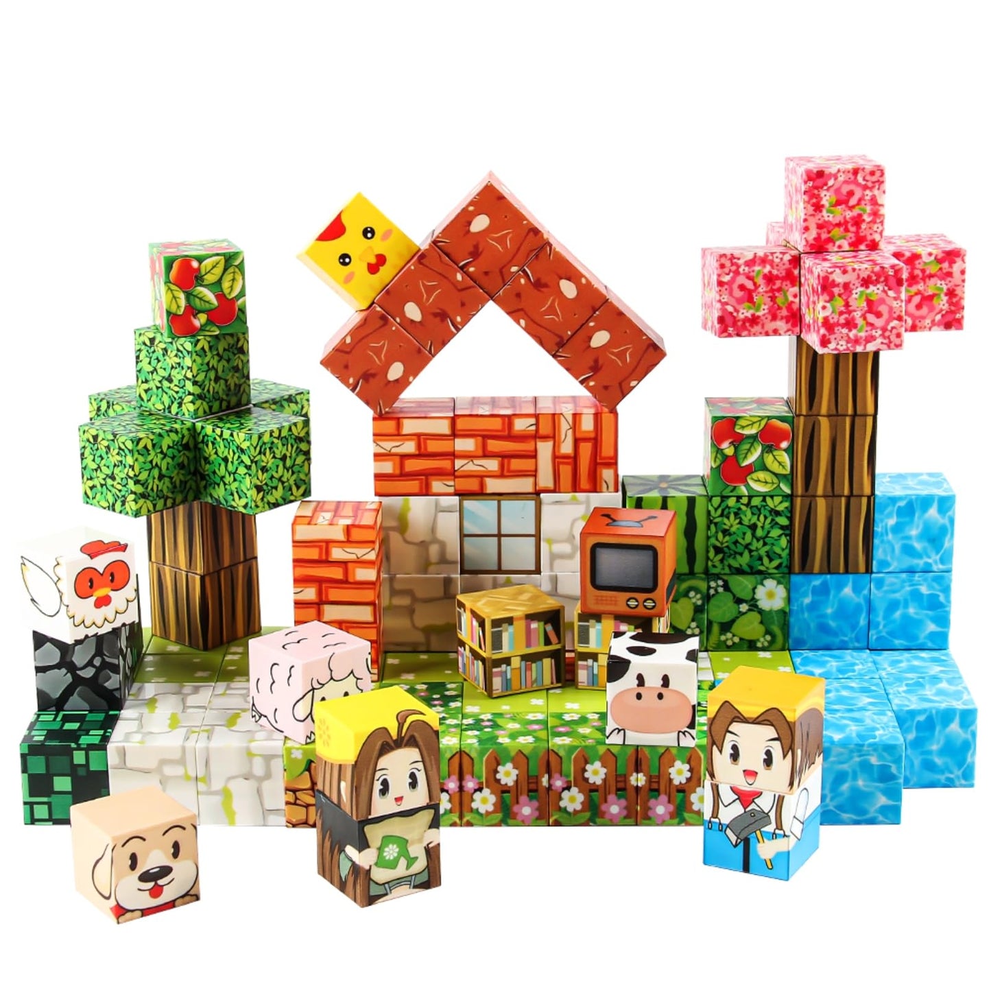 FXZYIXS Magnetic Blocks, 117-Piece 0.8in Building Farm Magnet Game Set, Stacking Building Blocks Cubes Magnets for Kids, STEM Sensory Creative Toys