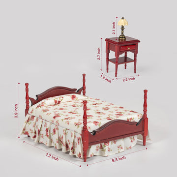 SAMCAMI Miniature Dollhouse Furniture - Victorian Wooden Dollhouse Furniture Set for Dollhouse Bedroom Incl Classical Bed, Bedside Table, Table Lamps