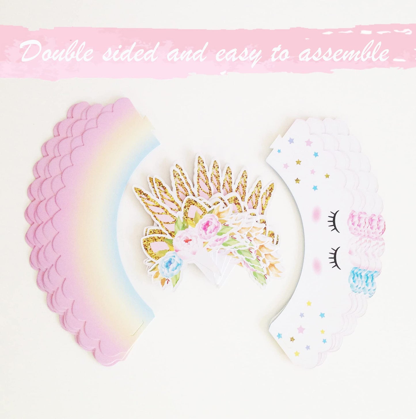ecoZen Unicorn Cupcake Toppers and Wrappers Decorations, Reversible Rainbow Cupcake Liners with Unicorn Toppers, Cute Decorating Supplies for Girl