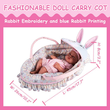 Rakki Dolli Doll Carry Cot Doll Carry Crib Doll Carrier with Fashion Embroidered Rabbit Face, Fits for 16” 18” American Girl Dolls