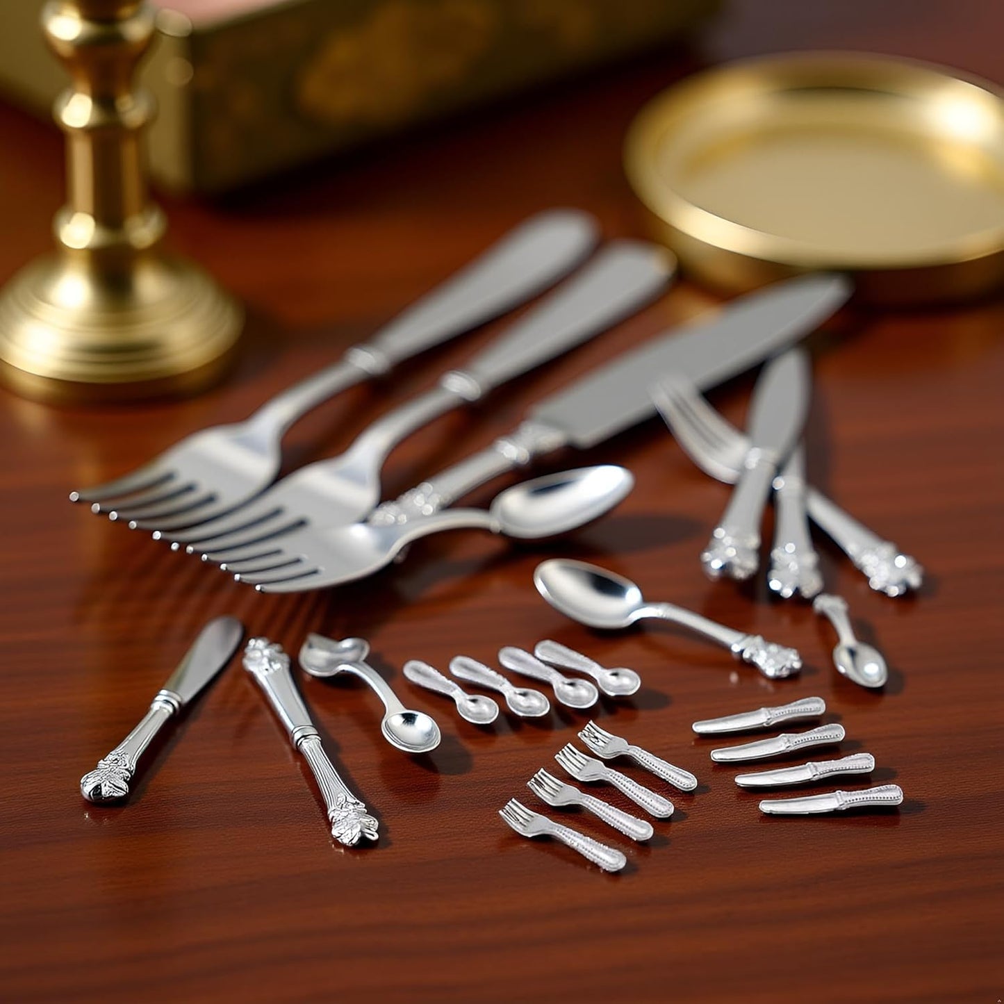 12-Piece 1/12 Scale Silver Miniature Cutlery Set - Stainless Steel Dollhouse Accessories for Cupcake Decorations and Model Displays (0.8" Tiny