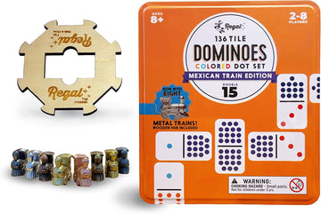 Regal Games Mexican Train Double 15 Dominoes Set for Adults & Kids - Domino Game with 136 Tiles Colored Dots & 8 Metal Trains - 2-8 Player Games
