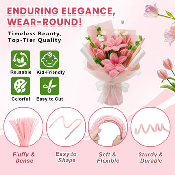 600 PCS Pipe Cleaners Craft, 6 Colors Pipe Cleaner Bulk Flower Kit, Chenille Stems Bulk with Floral Wires, Gardening Tape, Stamen, Wrapping Paper