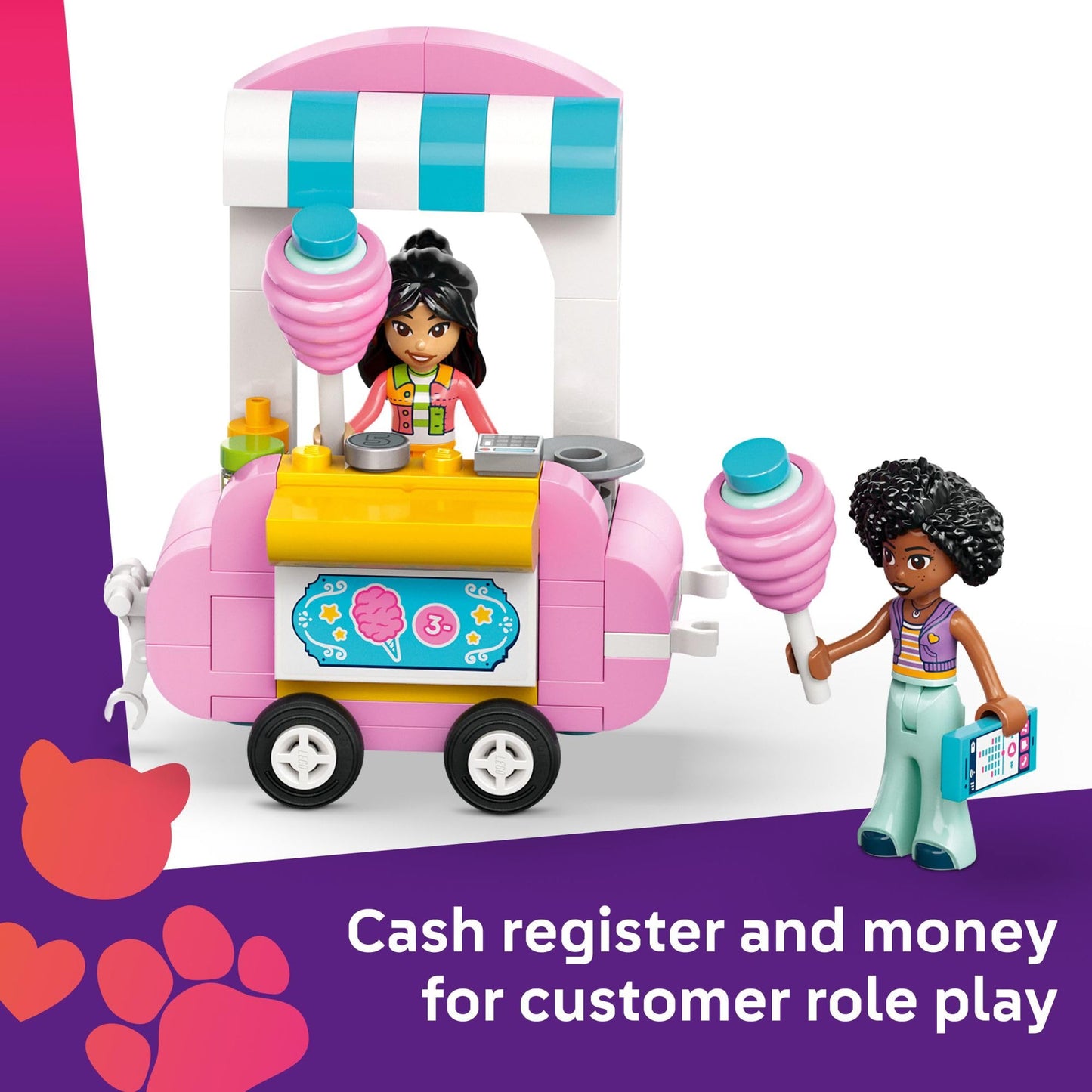 LEGO Friends Cotton Candy Stand and Scooter - Building Toy Pretend Play Set for Kids, Girls and Boys, Ages 6+ - with 2 Minidolls, Wheelable Food Cart