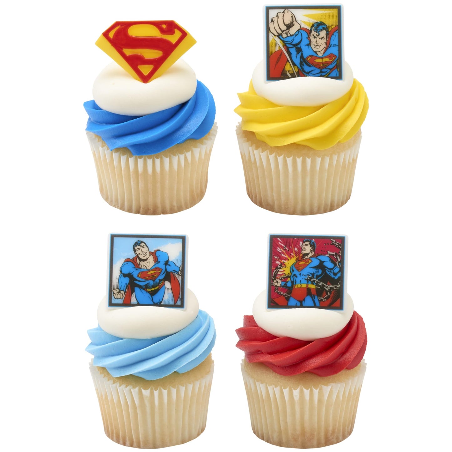 24 Superman Cupcake Rings, Superhero DC Cupcake Decorations, Food Safe Cake Toppers - 24 Pack