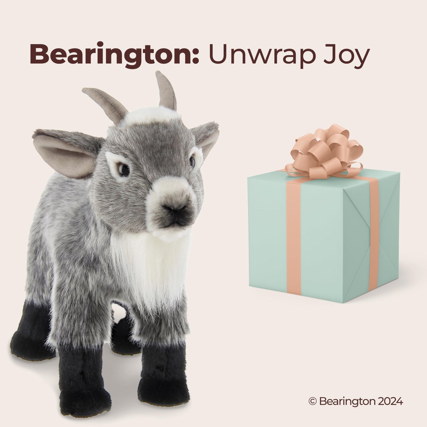Bearington Garret the Goat Realistic Stuffed Animals - 12" Gray Plush Goat Stuffy with Weighted Body, Soft Fur, Airbrushed Details and Lifelike Design