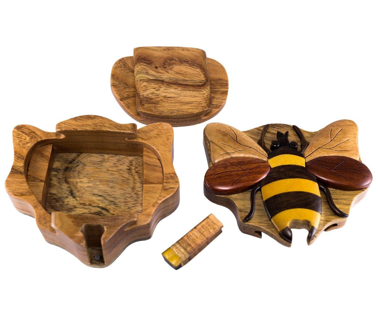 Wood Intarsia Bee Puzzle Box - Handcrafted Wooden Secret Compartment Keepsake Box, Exotic Hardwood Gift for Men & Women, Unique Decorative Bee Art