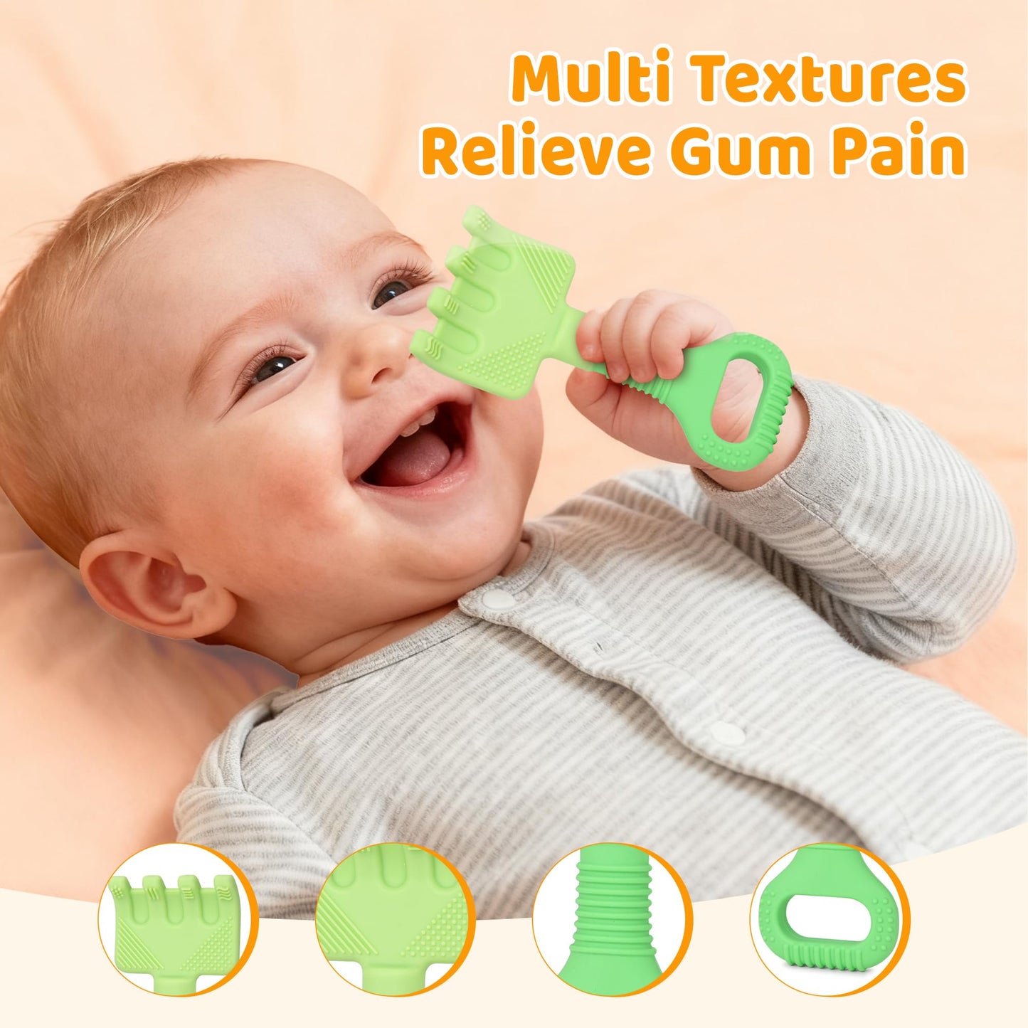 Baby Teething Toys, Baby Garden Teether Toys Shovel & Rake Silicone Teethers for Babies 0-6 6-12 Months, Multi-Texture Gum Massage Teething Relief
