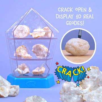 Wow in The World - 10 Real Break-Open Crystal Geodes with Display Case - Bonus Goggles & Magnifying Glass, Companion Audio Content, STEM Toy for Boys