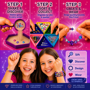 Kids Jewelry Making Kit - Treasure Hunt Dig Craft Kit - Make Bracelets & Necklaces - 1,300+ Beads, Gems & Shells - Sorting Trays, Tools & Color Guide