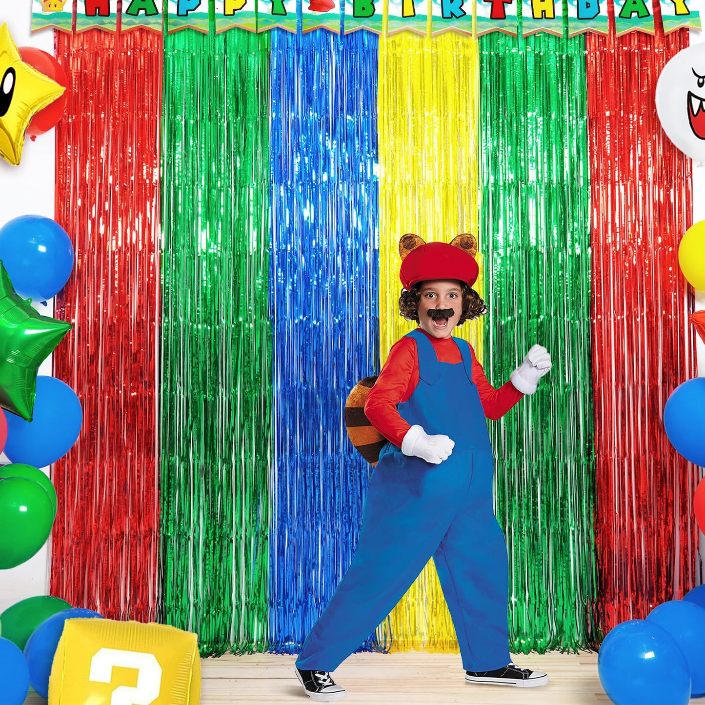 Super Bros Birthday Party Decoration, Including 2Pack Red Green Blue Yellow Foil Fringe Curtains, 1pc Mario Themed Birthday Banner & 22pcs Balloons