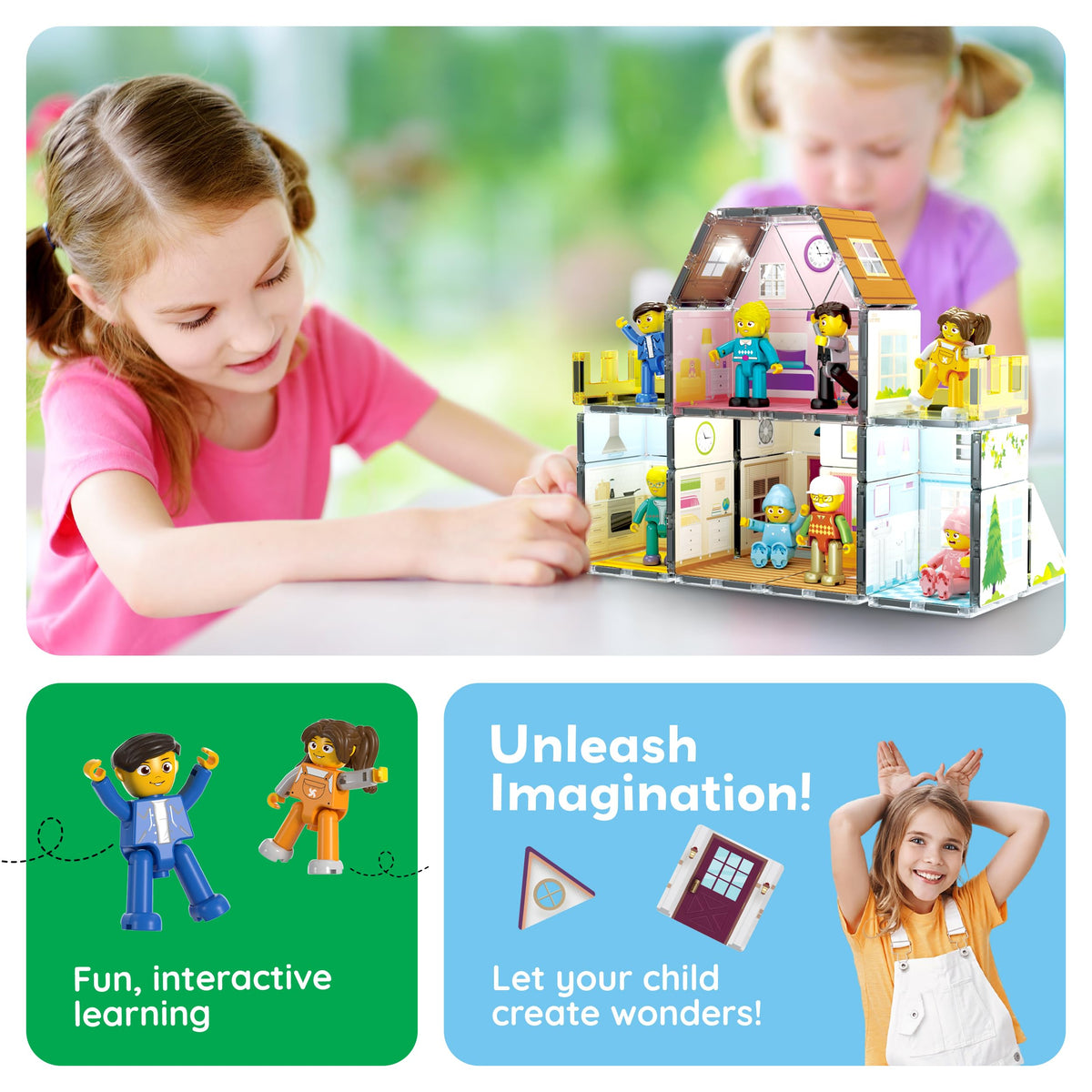 PicassoTiles Magnet Tile Building Block Family Homestead Doll House Theme Playset 8 Character Action Figures Double Sided Magnetic Tiles Printing STEM