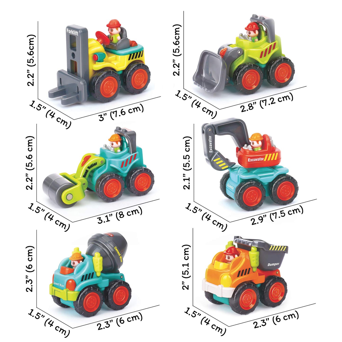 6 Pieces Construction Vehicles Toy Trucks Set - Bulldozer, Cement Mixer, Dumper, Forklift, Excavator and Road Roller for Your Little Contractor - Push