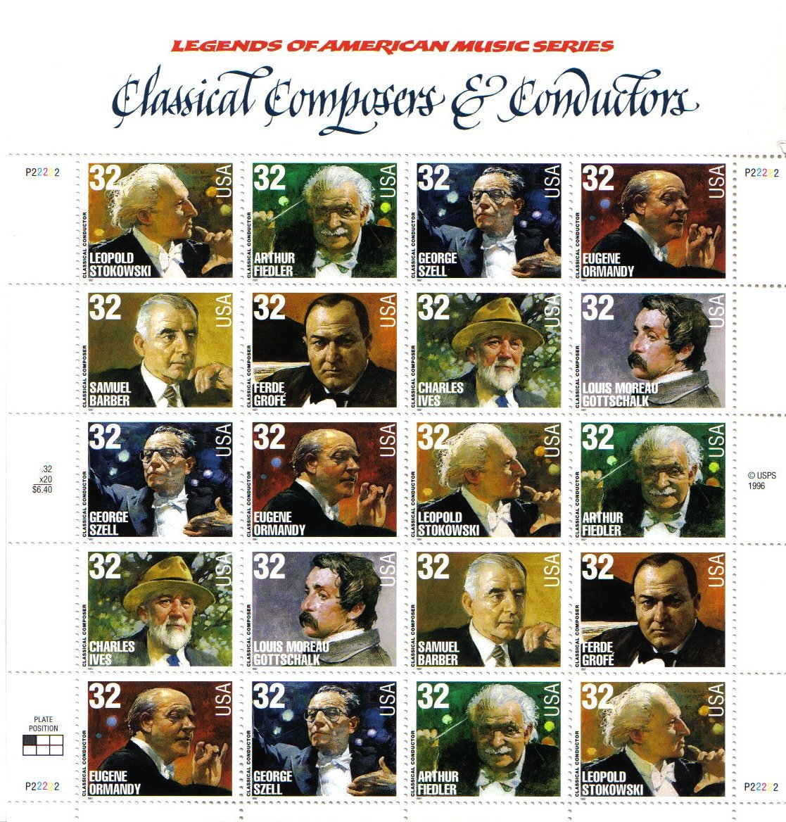 Classical Composers and Conductors 20 x 32 Cent U.S. Postage Stamps