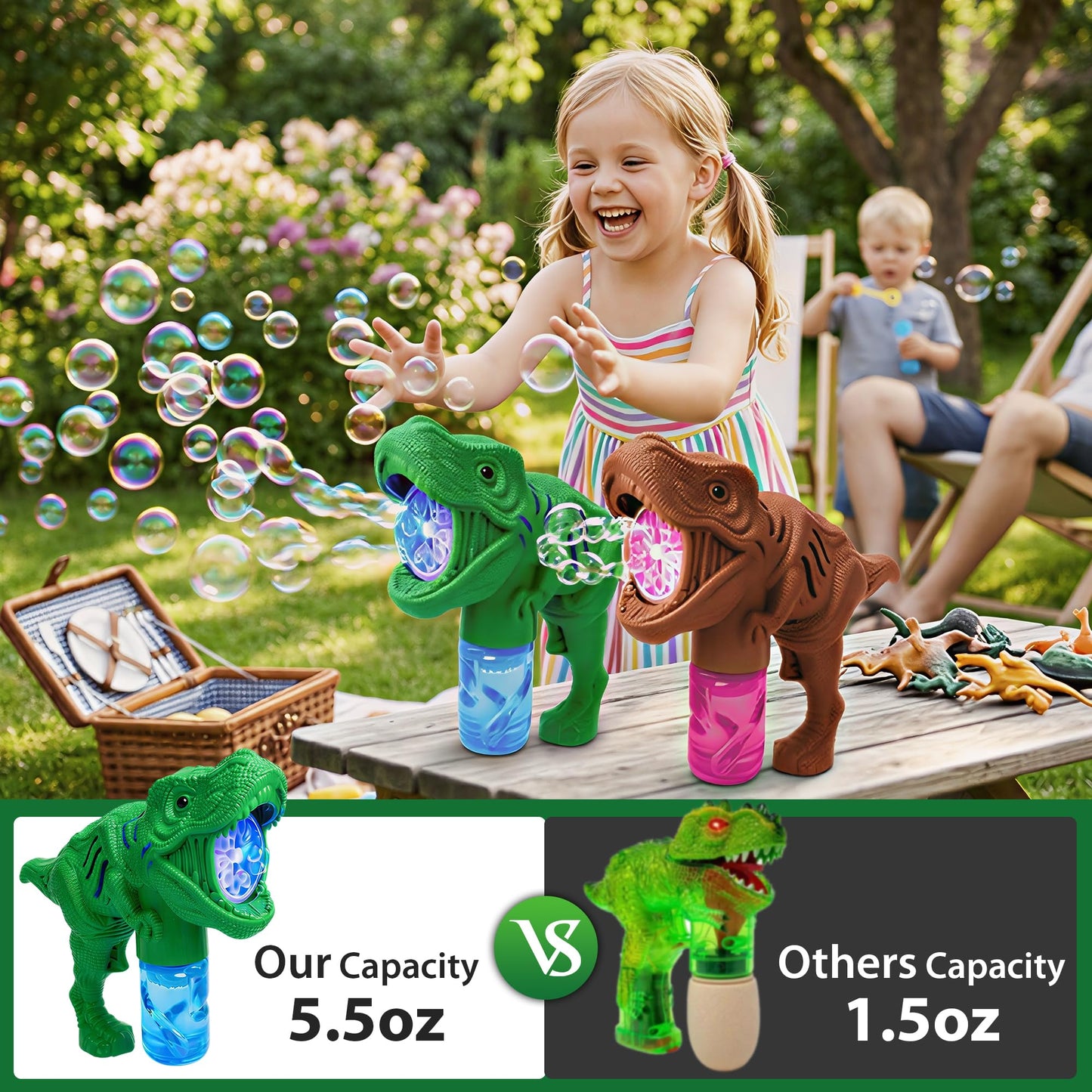 Toysery Dinosaur Bubble Machine Gun for Kids Ages 3-5, LED Dino Bubble Blaster with Music and Bubble Solution, Automatic Bubble Maker Toy, Assorted